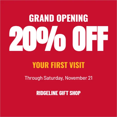 Postcard template, square grand opening offer, reading "GRAND OPENING", "20% OFF" and "YOUR FIRST VISIT", in red
