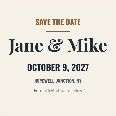 Postcard template, square save the date, reading "SAVE THE DATE", "Jane & Mike" and "OCTOBER 9, 2027", in cream