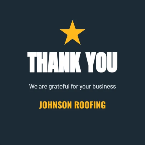 Postcard template, square thank you, bold, reading "THANK YOU", "We are grateful for your business" and "JOHNSON ROOFING", in navy