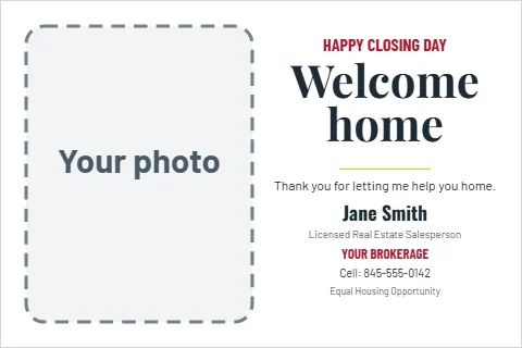 Postcard template, closing day thank you, reading "Welcome", "home" and "Jane Smith", in white, with a space for your logo