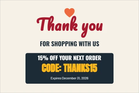 Postcard template, thank you, with a code for next time, reading "Thank you", "FOR SHOPPING WITH US" and "CODE: THANKS15", in navy and cream