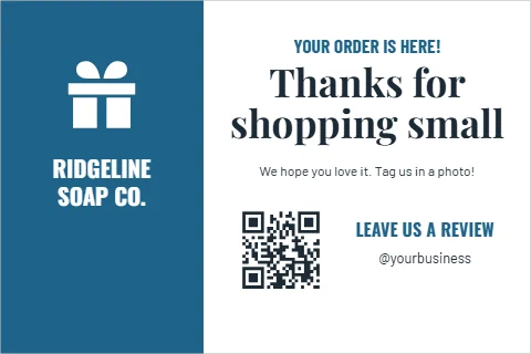 Postcard template, order insert, thanks for shopping small, reading "Thanks for", "shopping small" and "RIDGELINE", in steel blue and white, with a QR code