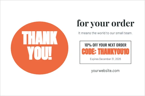 Postcard template, thank you for your order, coral circle, reading "for your order", "THANK" and "YOU!", in coral and white