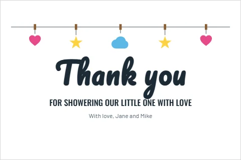 Postcard template, baby shower thank you, clothesline, reading "Thank you", "FOR SHOWERING OUR LITTLE ONE…" and "With love, Jane and Mike", in white