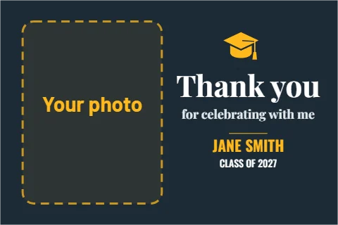 Postcard template, graduation thank you, photo, reading "Thank you", "for celebrating with me" and "JANE SMITH", in navy, with a space for your logo