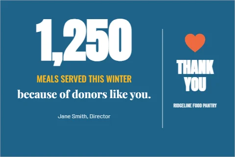 Postcard template, donor thank you, the big number, reading "1,250", "THANK" and "YOU", in steel blue