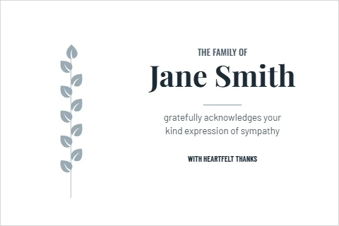 Postcard template, sympathy acknowledgment, reading "Jane Smith", "gratefully acknowledges your" and "kind expression of sympathy", in white