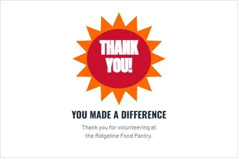 Postcard template, volunteer thank you, sunburst, reading "THANK", "YOU!" and "YOU MADE A DIFFERENCE", in white