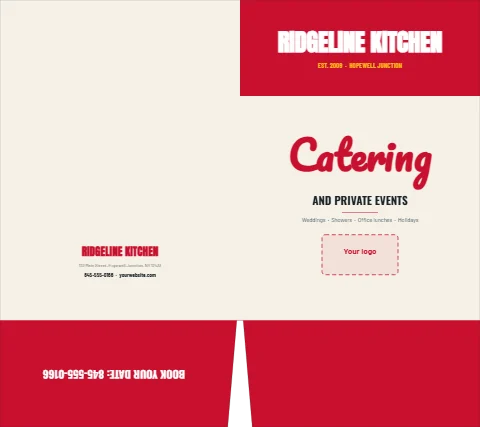 Presentation folder template, catering and events, reading "RIDGELINE KITCHEN", "Catering" and "AND PRIVATE EVENTS", in red and cream, with a space for your logo