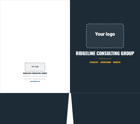 Presentation folder template, navy cover, gold rule, reading "RIDGELINE CONSULTING GROUP", "STRATEGY · OPERATIONS · GROWTH" and "RIDGELINE CONSULTING GROUP", in navy and white, with a space for your logo