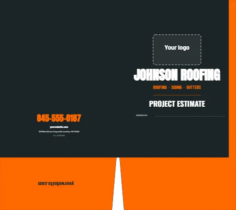 Presentation folder template, contractor, project estimate, reading "JOHNSON ROOFING", "PROJECT ESTIMATE" and "845-555-0187", in orange and charcoal, with a space for your logo