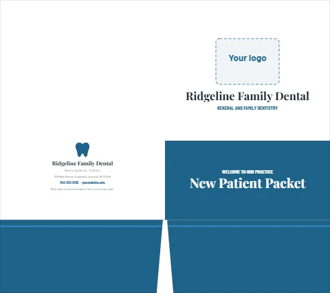 Presentation folder template, dental, new patient packet, reading "Ridgeline Family Dental", "Ridgeline Family Dental" and "New Patient Packet", in steel blue and white, with a space for your logo