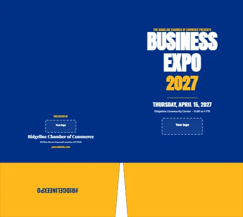 Presentation folder template, business expo, attendee folder, reading "BUSINESS", "EXPO" and "2027", in gold and blue, with a space for your logo