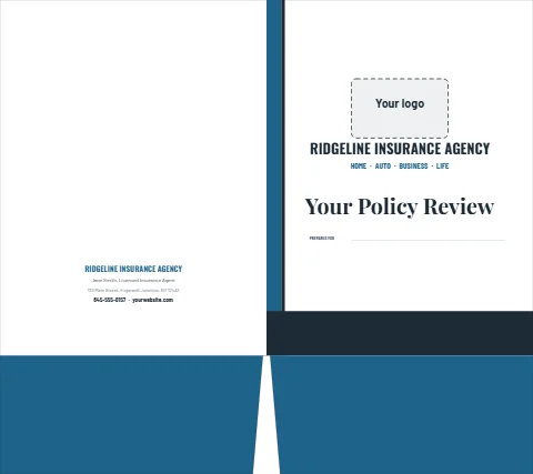 Presentation folder template, insurance, policy review, reading "RIDGELINE INSURANCE AGENCY", "HOME · AUTO · BUSINESS · LIFE" and "Your Policy Review", in steel blue and white, with a space for your logo