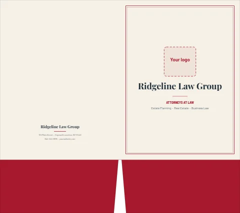 Presentation folder template, law firm, serif on cream, reading "Ridgeline Law Group", "ATTORNEYS AT LAW" and "Ridgeline Law Group", in maroon and cream, with a space for your logo