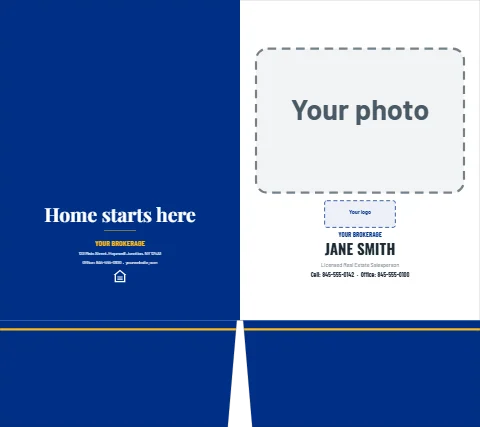 Presentation folder template, real estate, photo cover, reading "Home starts here", "YOUR BROKERAGE" and "JANE SMITH", in blue and white, with a space for your logo