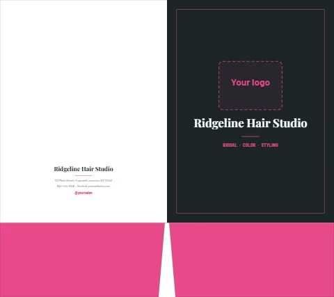 Presentation folder template, salon, charcoal and pink, reading "Ridgeline Hair Studio", "BRIDAL · COLOR · STYLING" and "Ridgeline Hair Studio", in charcoal and white, with a space for your logo