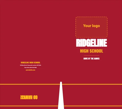 Presentation folder template, school, maroon and gold, reading "RIDGELINE", "HIGH SCHOOL" and "GO HAWKS!", in maroon, with a space for your logo