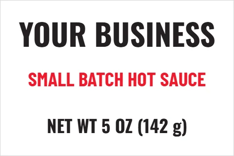 Roll label template, product label, reading "YOUR BUSINESS", "SMALL BATCH HOT SAUCE" and "NET WT 5 OZ (142 g)", in white