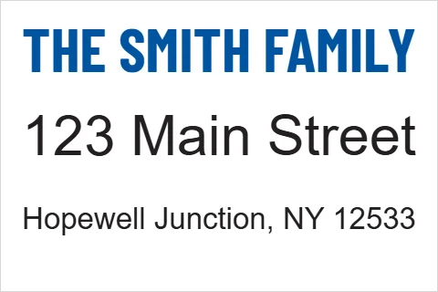 Roll label template, return address, reading "THE SMITH FAMILY", "123 Main Street" and "Hopewell Junction, NY 12533", in white
