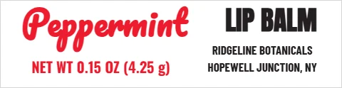 Roll label template, lip balm tube, reading "Peppermint", "LIP BALM" and "NET WT 0.15 OZ (4.25 g)", in white