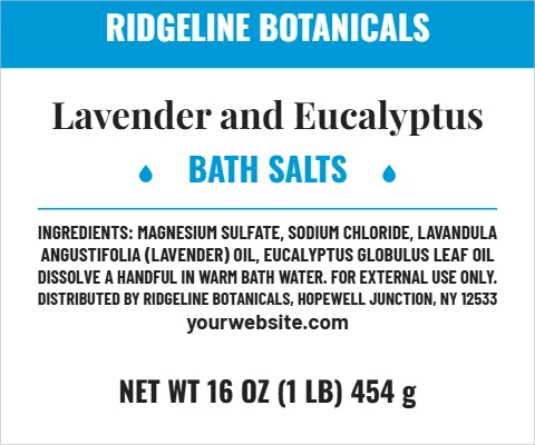 Roll label template, bath salts, clean blue, reading "RIDGELINE BOTANICALS", "Lavender and Eucalyptus" and "BATH SALTS", in blue and white