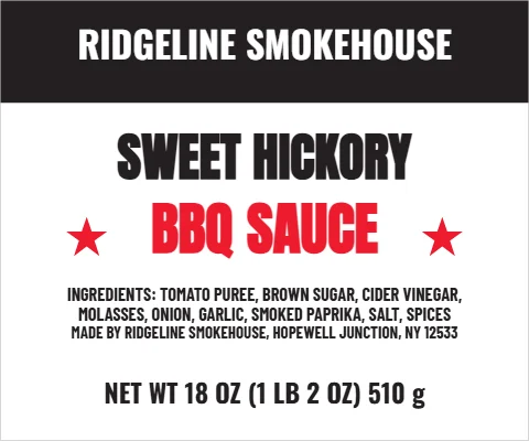 Roll label template, BBQ sauce, smokehouse, reading "RIDGELINE SMOKEHOUSE", "SWEET HICKORY" and "BBQ SAUCE", in black and white