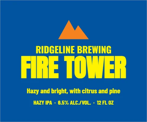 Roll label template, beer, mountain front, reading "RIDGELINE BREWING", "FIRE TOWER" and "HAZY IPA · 6.5% ALC./VOL. · 12…", in steel blue