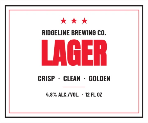 Roll label template, beer, classic lager, reading "RIDGELINE BREWING CO.", "LAGER" and "CRISP · CLEAN · GOLDEN", in white