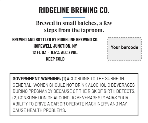 Roll label template, beer or cider, back label, reading "RIDGELINE BREWING CO.", "Brewed in small batches, a few" and "steps from the taproom.", in white, with a space for your logo