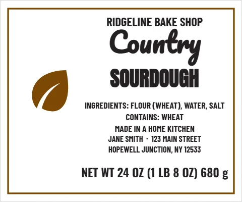Roll label template, bread bag, kraft style, reading "RIDGELINE BAKE SHOP", "Country" and "SOURDOUGH", in warm gray