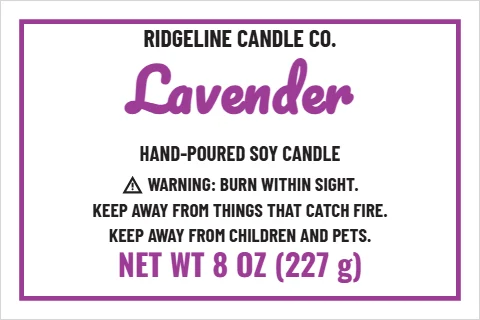 Roll label template, candle, reading "RIDGELINE CANDLE CO.", "Lavender" and "NET WT 8 OZ (227 g)", in white