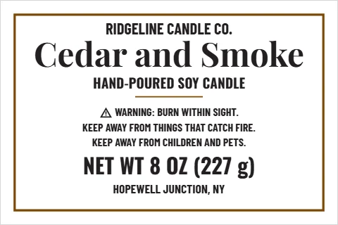 Roll label template, candle, kraft style, reading "RIDGELINE CANDLE CO.", "Cedar and Smoke" and "NET WT 8 OZ (227 g)", in warm gray