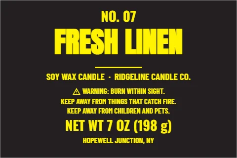 Roll label template, candle, modern black, reading "NO. 07", "FRESH LINEN" and "NET WT 7 OZ (198 g)", in black