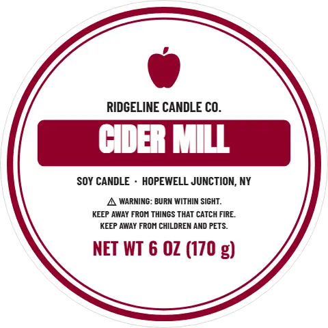 Roll label template, candle tin, vintage badge, reading "RIDGELINE CANDLE CO.", "CIDER MILL" and "NET WT 6 OZ (170 g)", in maroon and white