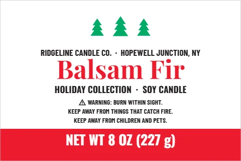Roll label template, candle, holiday pines, reading "Balsam Fir", "HOLIDAY COLLECTION · SOY CANDLE" and "NET WT 8 OZ (227 g)", in red and white