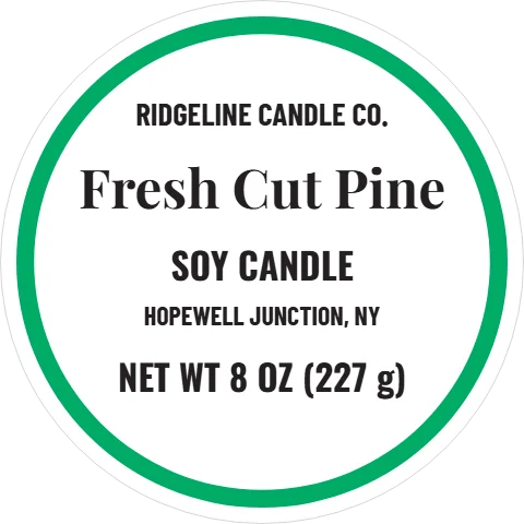 Roll label template, candle lid, 2", reading "Fresh Cut Pine", "SOY CANDLE" and "NET WT 8 OZ (227 g)", in green and white