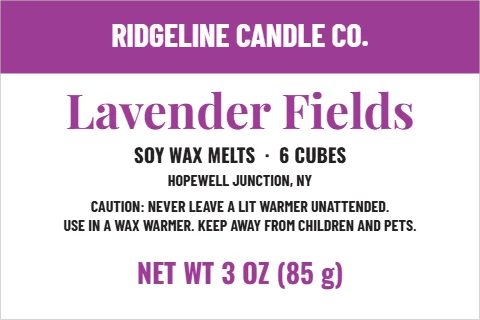 Roll label template, wax melts, clamshell, reading "RIDGELINE CANDLE CO.", "Lavender Fields" and "NET WT 3 OZ (85 g)", in purple and white