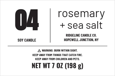 Roll label template, candle, modern minimal, reading "rosemary", "04" and "+ sea salt", in white