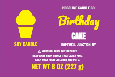 Roll label template, candle, birthday cake, reading "Birthday", "CAKE" and "NET WT 8 OZ (227 g)", in purple