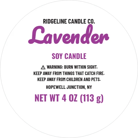 Roll label template, candle tin lid, reading "Lavender", "SOY CANDLE" and "NET WT 4 OZ (113 g)", in white