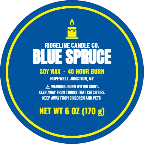 Roll label template, candle tin lid, blue, reading "RIDGELINE CANDLE CO.", "BLUE SPRUCE" and "NET WT 6 OZ (170 g)", in gold and steel blue