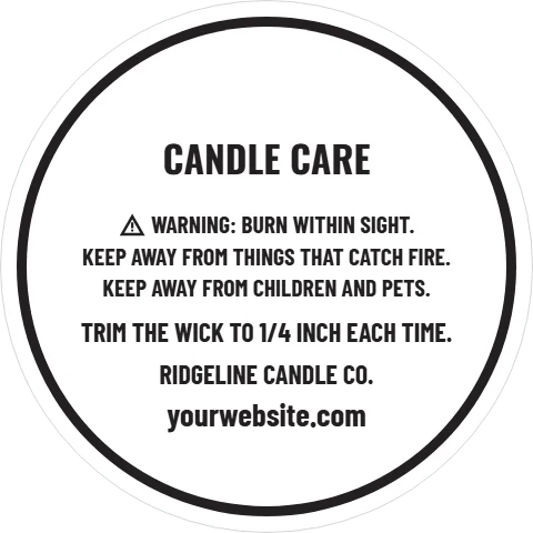 Roll label template, candle warning, jar bottom, reading "CANDLE CARE", "RIDGELINE CANDLE CO." and "yourwebsite.com", in black and white