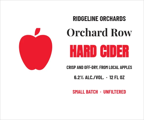 Roll label template, hard cider, reading "RIDGELINE ORCHARDS", "Orchard Row" and "HARD CIDER", in white