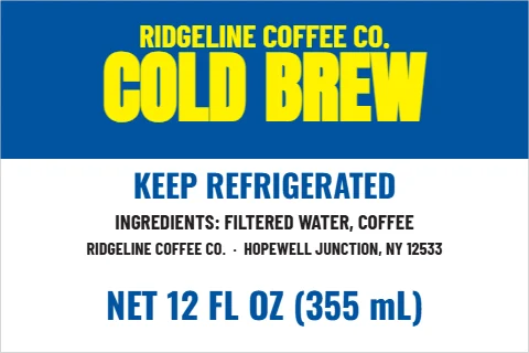 Roll label template, cold brew bottle, reading "RIDGELINE COFFEE CO.", "COLD BREW" and "KEEP REFRIGERATED", in steel blue and white