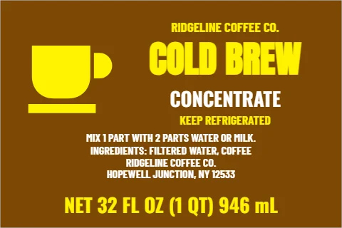 Roll label template, cold brew concentrate, brown, reading "COLD BREW", "CONCENTRATE" and "NET 32 FL OZ (1 QT) 946 mL", in brown