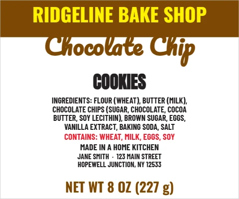 Roll label template, cookies, home kitchen with allergens, reading "RIDGELINE BAKE SHOP", "Chocolate Chip" and "COOKIES", in brown and white