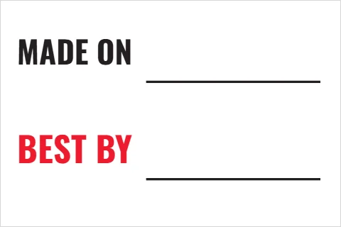 Roll label template, made on, best by, reading "MADE ON" and "BEST BY", in white