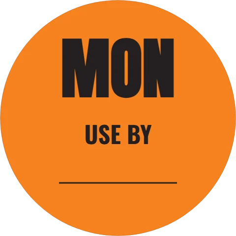 Roll label template, day dot, reading "MON" and "USE BY", in coral