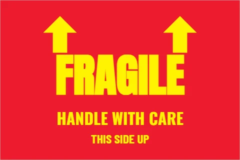 Roll label template, fragile, this side up, reading "FRAGILE", "HANDLE WITH CARE" and "THIS SIDE UP", in red